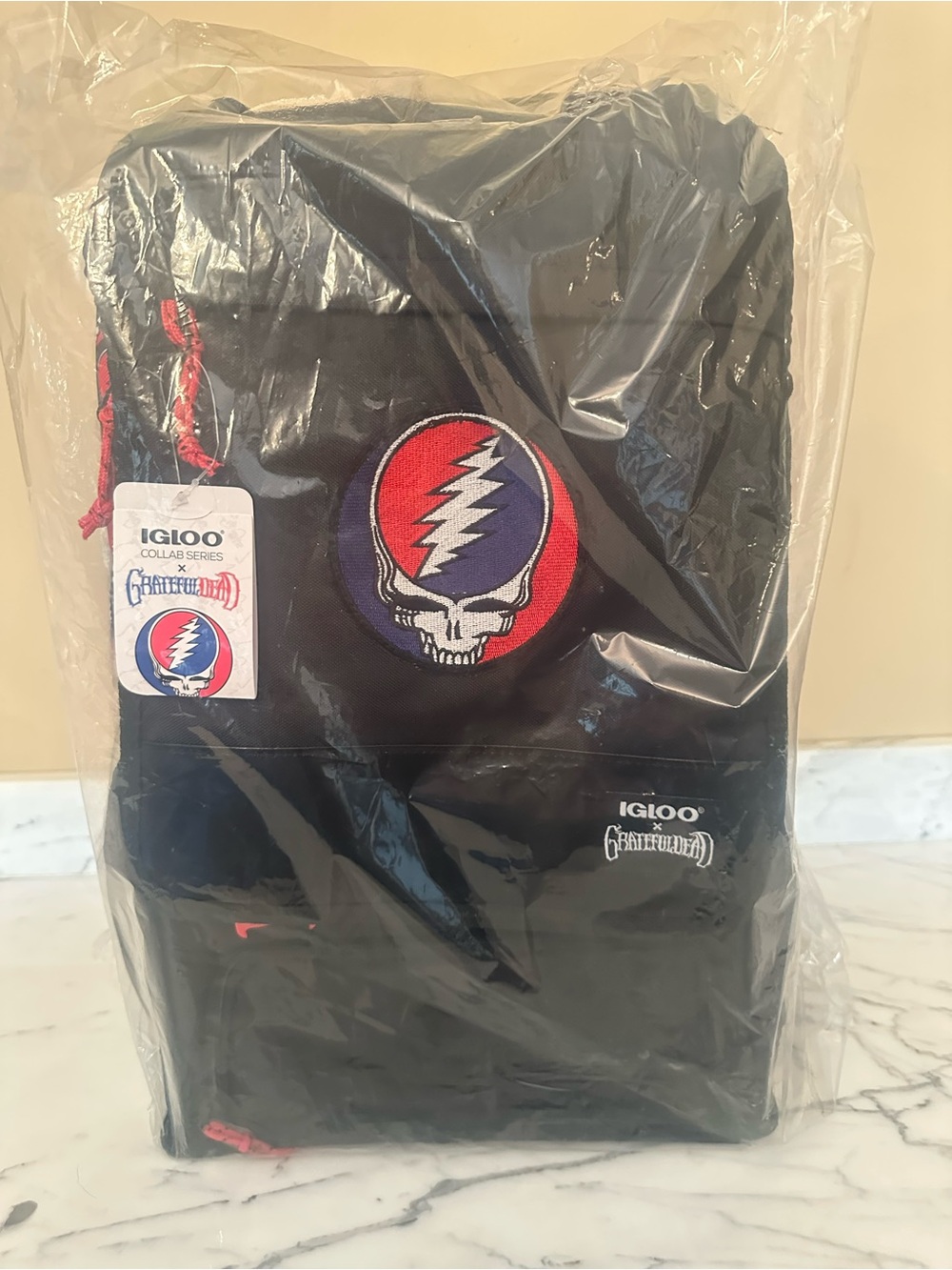 Igloo Black Backpack with Red and Blue Lightning Skull Patch